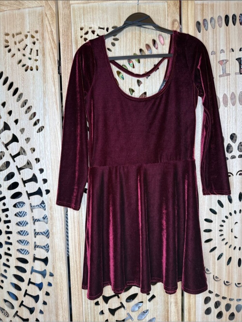 Women's Velvet Long-Sleeve Skater Dress - Burgundy